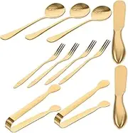 LAPYAPPE 14pc Stainless Steel Cheese Knife Fork Spoon Set Cheese Spreader Mini Serving Spoons Tongs for Restaurants Home