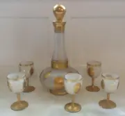 Czechoslovakian Hand Blown Crystal 5 Satin Glass & Decanter Gold Trim & Accents