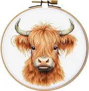 Generic Cartoon Baby Highland Cow DIY Stamped Cross Stitch Kits Easy for Beginners Children with Hoop 11CT Needlepoint Counted Embroidery Kits Art Craft Wall Decoration 12x12inch(6)