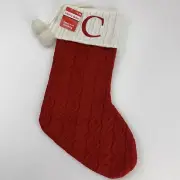 C Initial Merry Brite Cable Knit Christmas Stocking 17" Red White New