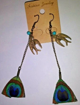 New Hippie Boho Earrings brass birds and peacock feathers turquoise beads dangle