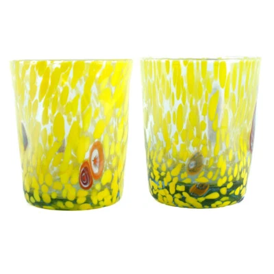 Pair of 2 Murano Glasses Drinking Art Tumbler Yellow Handmade Millefiori