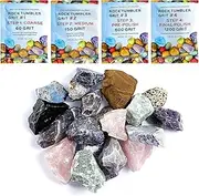 KomeStone Real Rough Colorful Gemstones * 1Lb * 9 Types & Tumbling Polishing Refill Grits * 4 Bags for Any Brands of Rock Tumblers and Stone Polishers
