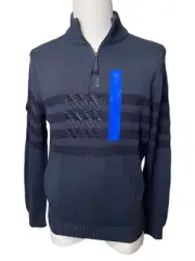 Tahari Mens Quarter Zip Stretch Pullover Striped Mock Neck Sweater Medium