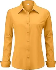 [hearain] Soft Wrinkle-Free Women's Button Down Dress Shirts Solid Long Sleeve Work Blouses Fit Stretch Casual Tops XXS-4XL, 00108_lemon Yellow, Medium