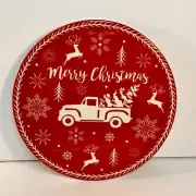 Merry Christmas Old Red Truck 8" Ceramic Trivet Reindeer Snowflakes Cork Back