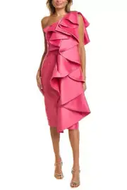 Badgley Mischka ruffled One-shoulder zipper closure stretch mikado dress