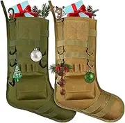 2 Pieces Tactical Christmas Stocking Xmas Mantel Decoration Military Molle Pouch for Christmas Ornament Hanging Hunting Gear Bags Waterproof with Molle Gear for Outdoor Activities (Khaki, Green)