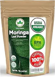 Moringa Powder 1LB (16Oz) 100% Certified Organic Oleifera Leaf - (100% Pure Leaf | NO Stems) - Raw from India | Smoothies | Drinks | Tea | Recipes - Resealable Bag