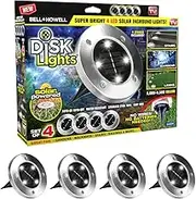 Bell + Howell Disk Lights Brushed Steel – Heavy Duty Outdoor Solar Pathway Lights – 4 LED, Auto On/Off, Water Resistant, with Included Stakes, for Garden, Yard, Patio and Lawn - As Seen on TV