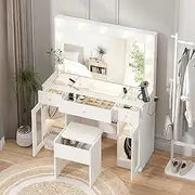 Ufurniture Makeup Vanity Table Stool Set with Glass Top, LED Lights and Charging Station, Dressing Table with Large Mirror and Clear Door, 11 Bulbs with 3-Color Adjustable Brightness, White