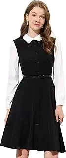 [Allegra K] Women's Vintage Contrast Turn Down Collar Button Down Long Sleeve Belted Shirt Dress