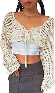 [EliteLand] Women's Tie Front Bolero Shrug Long Sleeve Cardigan Sweaters Lightweight Crochet Cropped Top