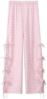 [Generic] High Waisted Tie Lace Up Fation Stacked Baggy Wide Leg Straight Leg, Pink Grid, X-Small