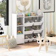 CostwayKids Bookshelf with 8 Storage Boxes and 2 Open Shelves-White