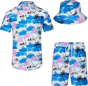 [EISHOPEER] Men's 2 Piece Casual Palm Tree Hawaiian Shirt and Short Summer Outfits Sets with Bucket Hats X-Large, Pat_ Sky Blue & White (With Hat)