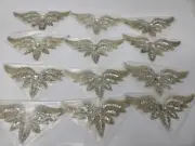 Lot 12 Silver Wings Large Beaded Sequined Sewing Sew-On Applique Crafts Vintage