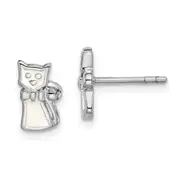 Sterling Silver Rhodium-Plated Polished White Enameled Cat Children'S Post Earrings