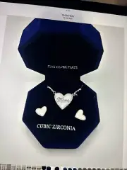 Cubic Zirconia Mom Heart Pendant Necklace Pearl Stud Earrings Set Silver Plate