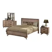 4 Pieces Bedroom Suite King Size Silver Brush in Acacia Wood Construction Bed, Bedside Table & Dresser