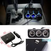 Car USB Port Charger Adapter 3 Way Cigarette Lighter Power Socket Splitter Black