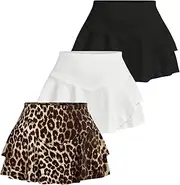 [SOLY HUX] Women's 3 Piece Skort Leopard Print Elastic Waist Ruffle Hem Skirt Shorts