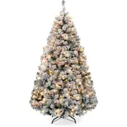 New Pre-Lit Snow Flocked Artificial Pine Christmas Tree w/ Warm White Lights
