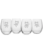 Susquehanna Glass Set of 4 Kitty Ninja Assortment Stemless Wine Tumblers