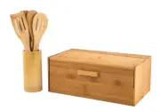Beautiful Ortega Kitchen Bamboo Bread Bin & 5-Piece Utensil Set Table Wooden Box