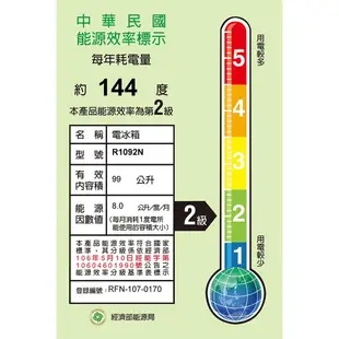 東元 TECO 小鮮綠系列 99L 單門冰箱/小冰箱/電冰箱 R1092N/R1091W