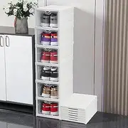 Shoe Storage Box Stackable Collapsible Acrylic Shoe Organiser with Clear Cover No Assembly 6 Tiers White （1 PC)