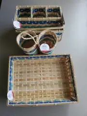 3 Wicker Caddy Basket. Large Tray, 2 Round & 4 Compartment Blue & Teal Stripes.