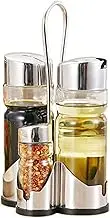 Labymos Seasoning Bottle Set Condiment Holder Seasoning Rack Four-in-One Oil Vinegar Dispensers Salt Pepper Shakers Glass Cruet Set with Convenient Caddy Stand Stainless Steel Tops