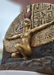 Winged Goddess Isis Statue with Ancient Hieroglyphics coated with Gold Leaf