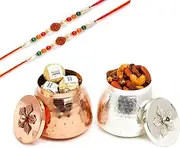 Ghasitaram Gifts Rakhi Gifts for Brothers Metal Barni of Channa Laddoo and Mix Dryfruits with Rudraksh Rakhi
