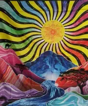 PSYCHEDELIC COLORFUL SUN MOUNTAINS RIVER AND TREES TAPESTRY 60 X 51