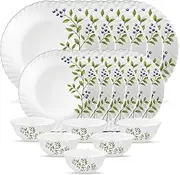 La Opala Novo Collection Opal Glass Crockery | for Family of 6 | Dinner Set 18 pcs Lush Greens | Plates & Bowls for Dining | Microwave Safe | 100% Vegetarian | Extra Strong | Light & White