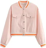 [PTBNRDC] Womens Cropped Bomber Jacket Long Sleeve Button Down Baseball Varsity Fall Outerwear