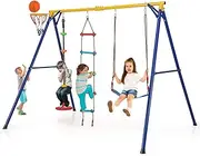 HONEY JOY 300KG Heavy Duty Swing Set, 4-in-1 Swing Set w/ 1 Basketball Hoop & 1 Adjustable Belt Swing, 1 Climbing Ladder & 1 Disc with Rope, Indoor & Outdoor Playset for Kids Aged 3-9 Years Old