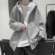 Plain Zip-Up Hoodie Gray - M