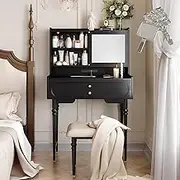 Black Dressing Table with Cushioned Stool,Makeup Vanity Table Set with Mirror & USB Power Strip,American Retro(Without Low Cupboard)