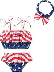 [Noubeau] 4th of July Newbron Baby Girl Swimsuit Ruffle Stars Halter Crop Top Two Peice Bikinis Swimwear Beachwear Bathing Suit
