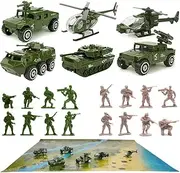 23 Pack Die-cast Military Vehicles Sets,Assorted Alloy Metal Army Models Car Toys and Soldier Army Men,Tank,Panzer,Anti-Air Vehicle,Helicopter Playset, Playmat for Kids Boys