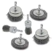 6-Pack Wire Brush Set for Drill, 1/4" Hex Shank, Coarse Crimped Carbon Steel Wir