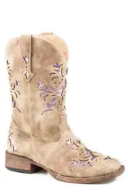 Youth girl's Roper Tan & purple 'LOLA' COWBOY BOOTS w/ Metallic underlay 7 SIZES