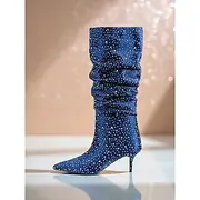 Women's Blue Rhinestone Slouch Mid-Calf Boots - Pointed Toe Kitten Heel Party Boots for Nightlife and Evening Outfits