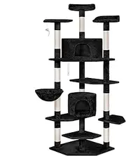 Cat Tree Play Tower 203cm Tall, Multi-Story Kittens Scratching Post Tower with Sisal Scratcher Poles, Multi-Level Pet Dens Condo Wood House Furniture with Scratching Pad for Kitty, Black
