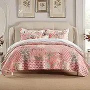 3 Pcs Cotton Quilt Set Real Patchwork Pink Floral Romantic Reversible Bedspread Beautiful Bedding Quilt Set with Real Stitched Embroidery Queen Size KingSize California King Size (California King)