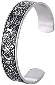 [BOSUGE] Charming Bracelet， Nordic Viking Tree of Life Cuff Bangle, Mens Womens Stainless Steel Odin Raven Talisman Bracelet, Adjustable Yggdrasil Totem Vintage Open Bracelet Jewelry (Color : Silver)