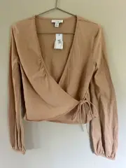 New Topshop Tan V-Neck Front Tie Crop Top Blouse Shirt Long Sleeve Sz 8